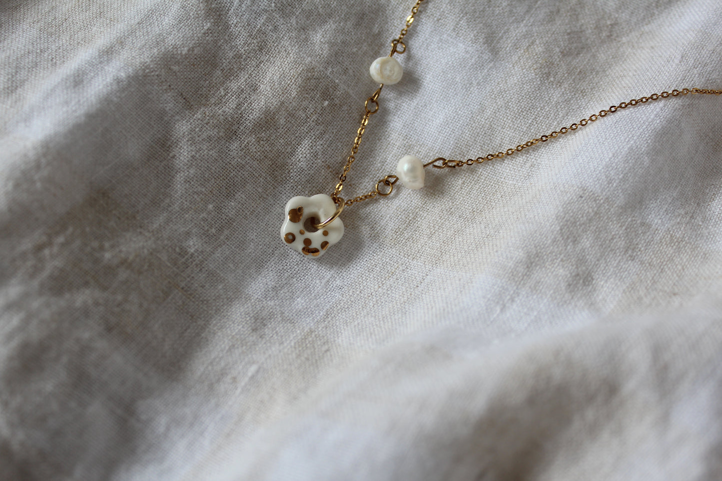 White Porcelain Flower Necklace with Freshwater Pearls