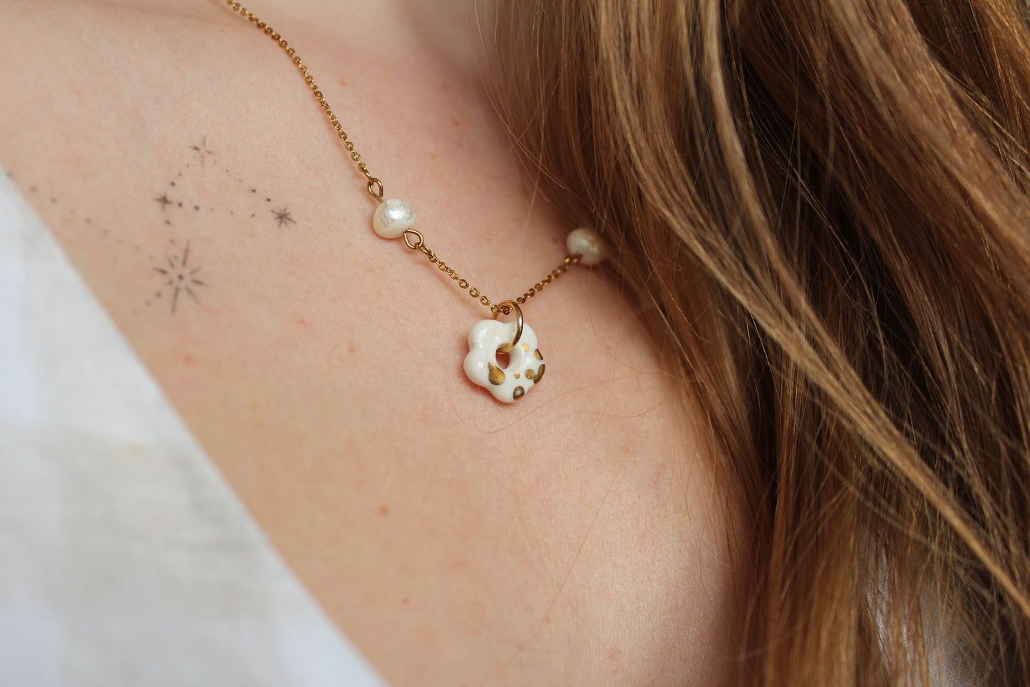 White Porcelain Flower Necklace with Freshwater Pearls