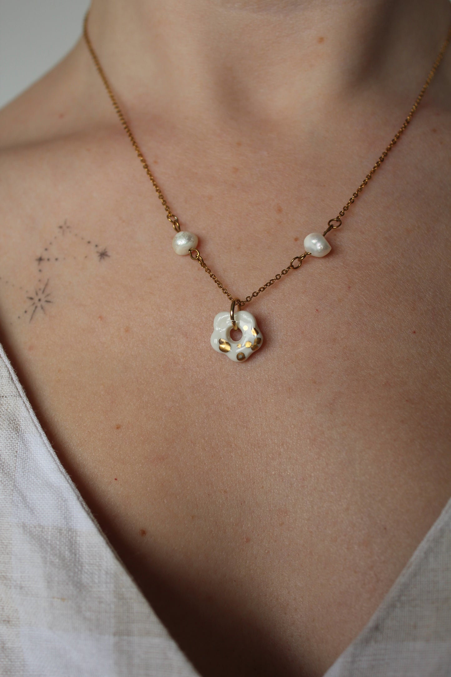 White Porcelain Flower Necklace with Freshwater Pearls