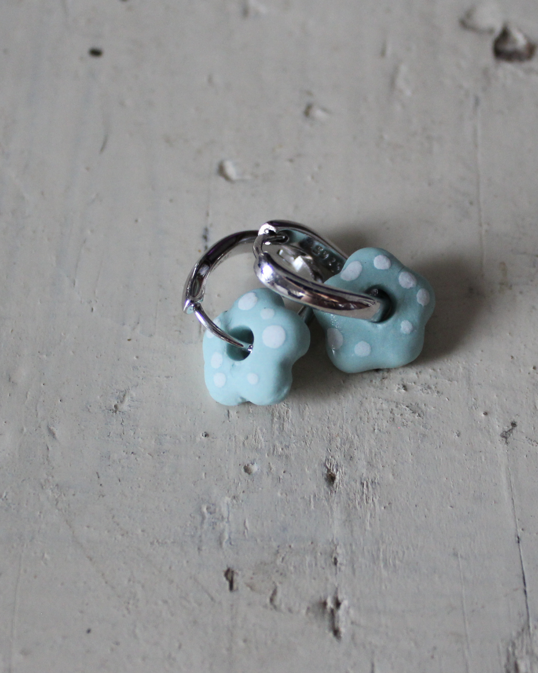 Porcelain Flower Earrings - Light Blue with white dots