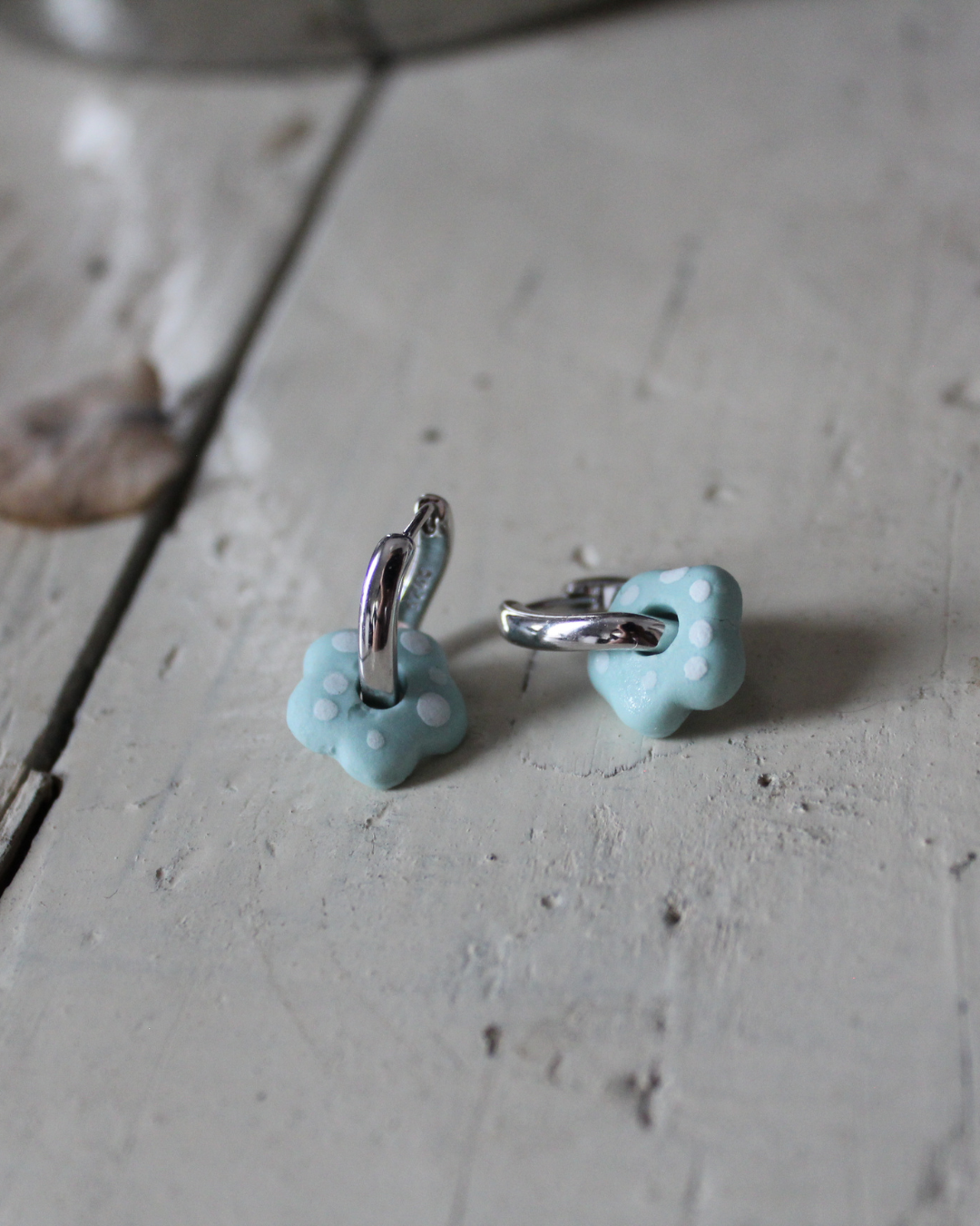 Porcelain Flower Earrings - Light Blue with white dots