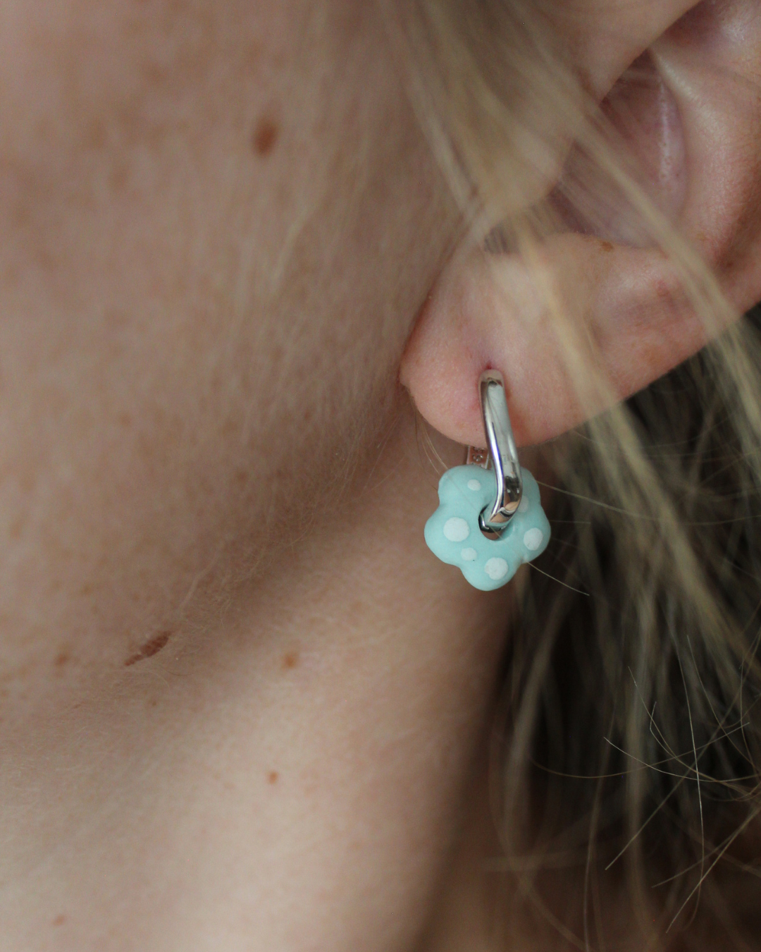 Porcelain Flower Earrings - Light Blue with white dots