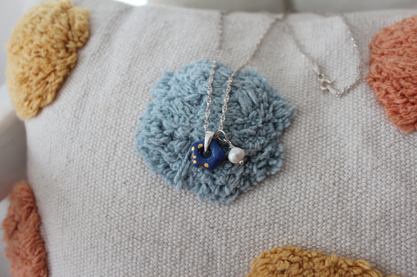Porcelain Prussian Blue Flower Silver Necklace