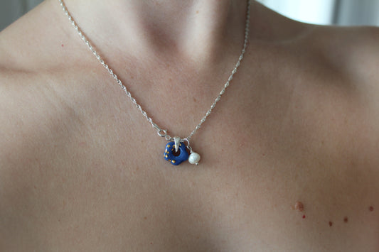 Porcelain Prussian Blue Flower Silver Necklace