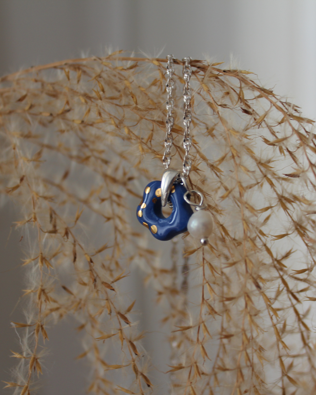 Porcelain Prussian Blue Flower Silver Necklace