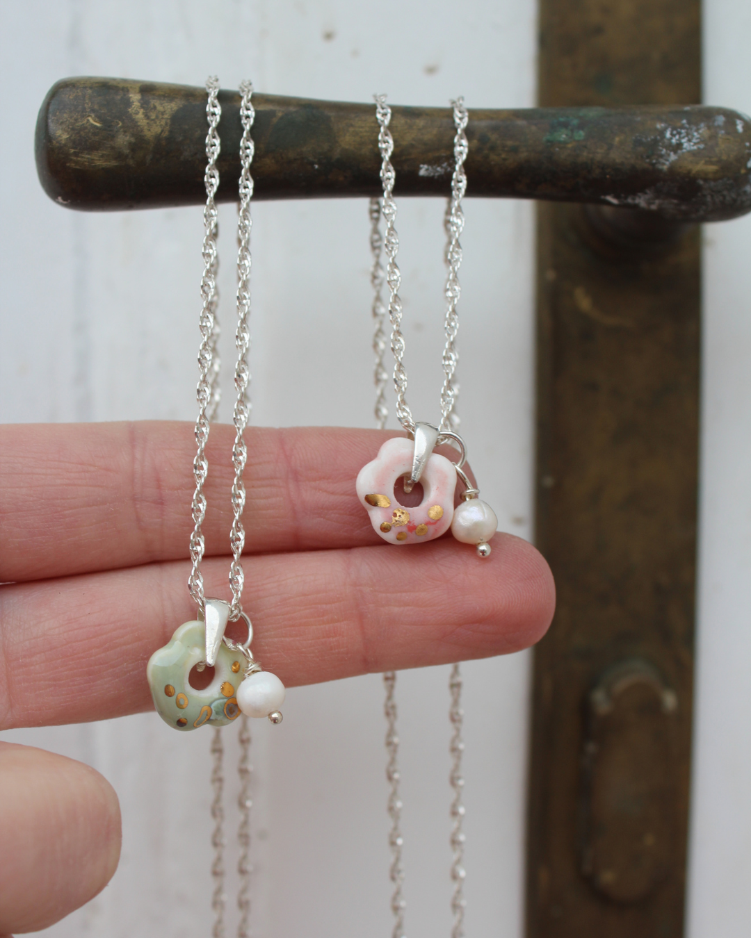 Porcelain Pink Flower Silver Necklace