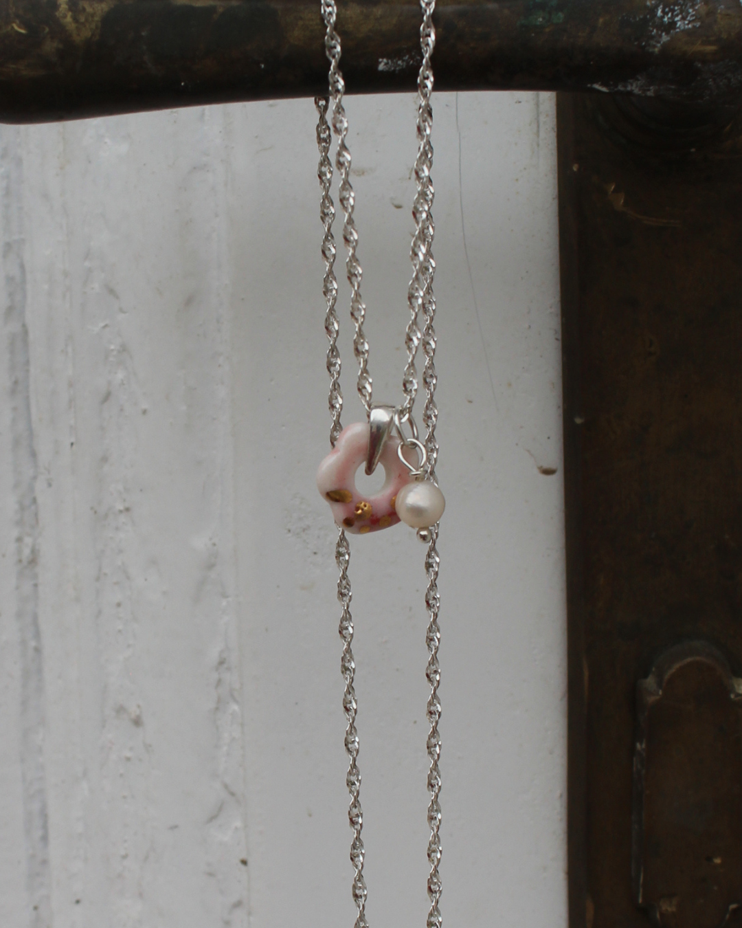 Porcelain Pink Flower Silver Necklace