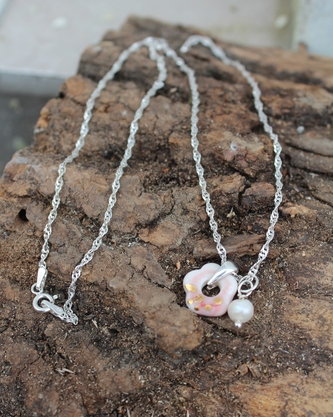 Porcelain Pink Flower Silver Necklace