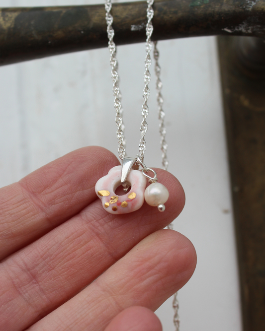 Porcelain Pink Flower Silver Necklace